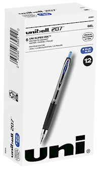 PENS, GEL, RETRACTABLE, UNIBALL 207, MEDIUM POINT, 0.7MM, BLUE INK, 12/CT MAIN